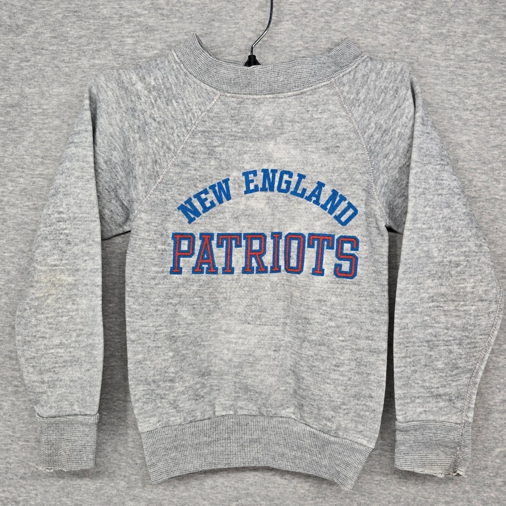 Vintage New England Patriots Kids Gray Raglan Sweatshirt Pullover NFL Sportswear